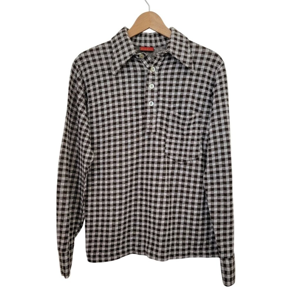 Vintage Kings Road SEARS Knit Men's Brown & White Gingham Long Sleeve Shirt M
